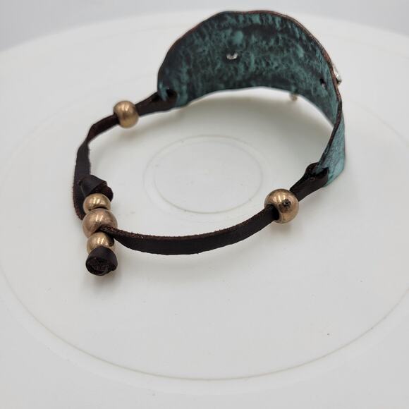 Vtg Native Thunderbird Cuff Bracelet 9" Hammered Green Silver Leather Phoenix - Picture 7 of 12